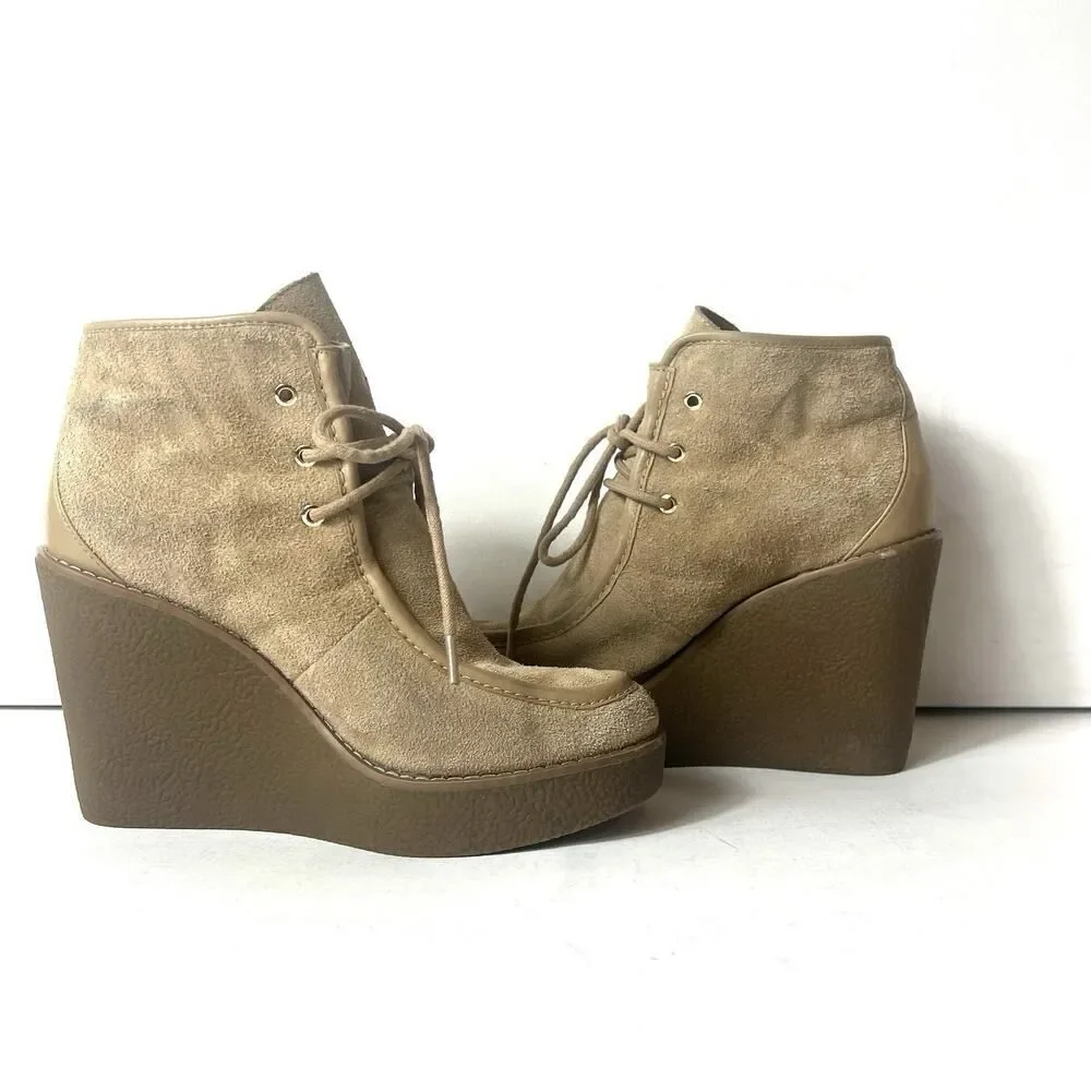 Michael Kors Wallabee Wedge Gum Heels Womens 6.5M Beige Suede Ankle High Lace Up